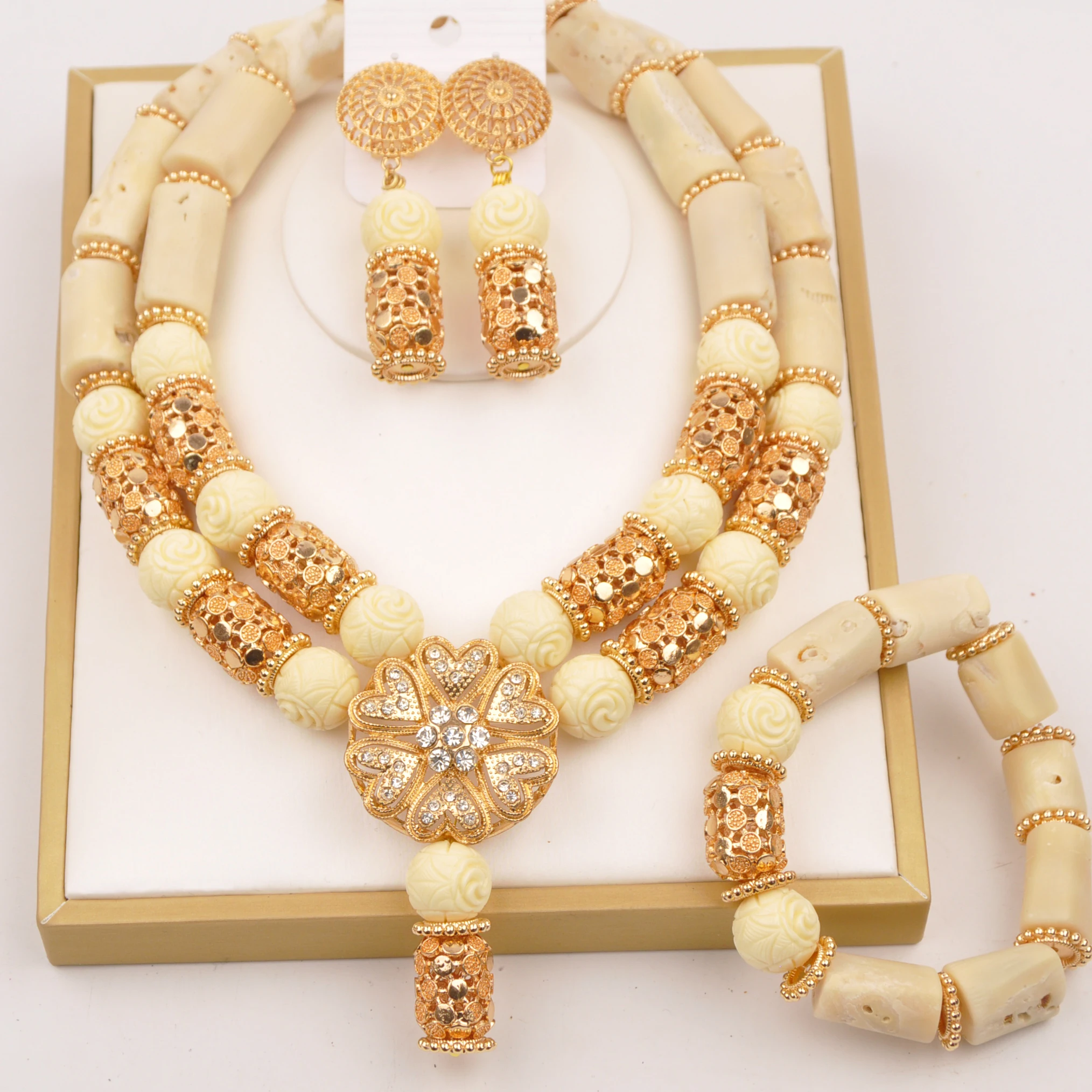 

Fashion White Real Coral Bead Jewelry Set Nigerian Wedding African Necklace