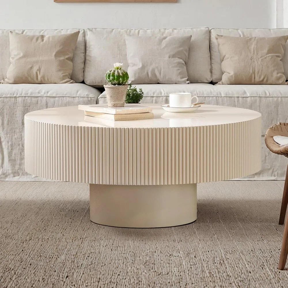 

Round Drum Coffee Table 30.7'' Handcraft Fluted Coffee Table Modern Unique Circle Accent Center Table for Living Room with Sturd
