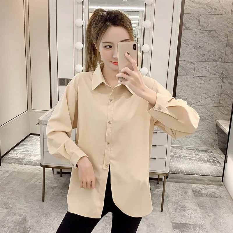 QNPQYX New Spring Solid Women's Blouses Irregular Cardigan Lapel Korean Khaki Chiffon Shirts Commuter Long-sleeved Shirt Female