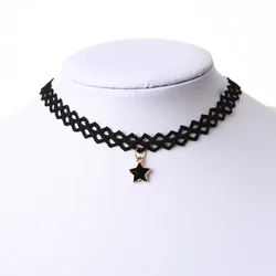 New Hot Sale Punk Lace Hollow Five-pointed Star Choker Necklace Gothic Black Velvet Bijoux Pendants Women Jewelry Clavicle Chain