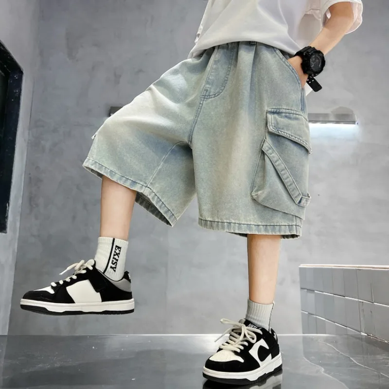 

New 2026 Boys Cargo Denim Shorts Kids Fashion Baggy Knee-length Shorts Jeans with Multi Pockets Summer Casual Streetwear