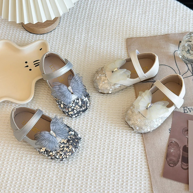Beautiful Sequined Girls' Princess Shoes Bow 2025 Spring Autumn New Children's School Student Loafer Fashion Girls Leather Shoes