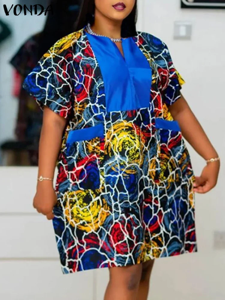 

Платья больших размеров 5XL VONDA, женский сарафан в богемном стиле с принтом, 2025 г., повседневный пляжный халат с v-образным вырезом и коротким рукавом, свободный летний халат