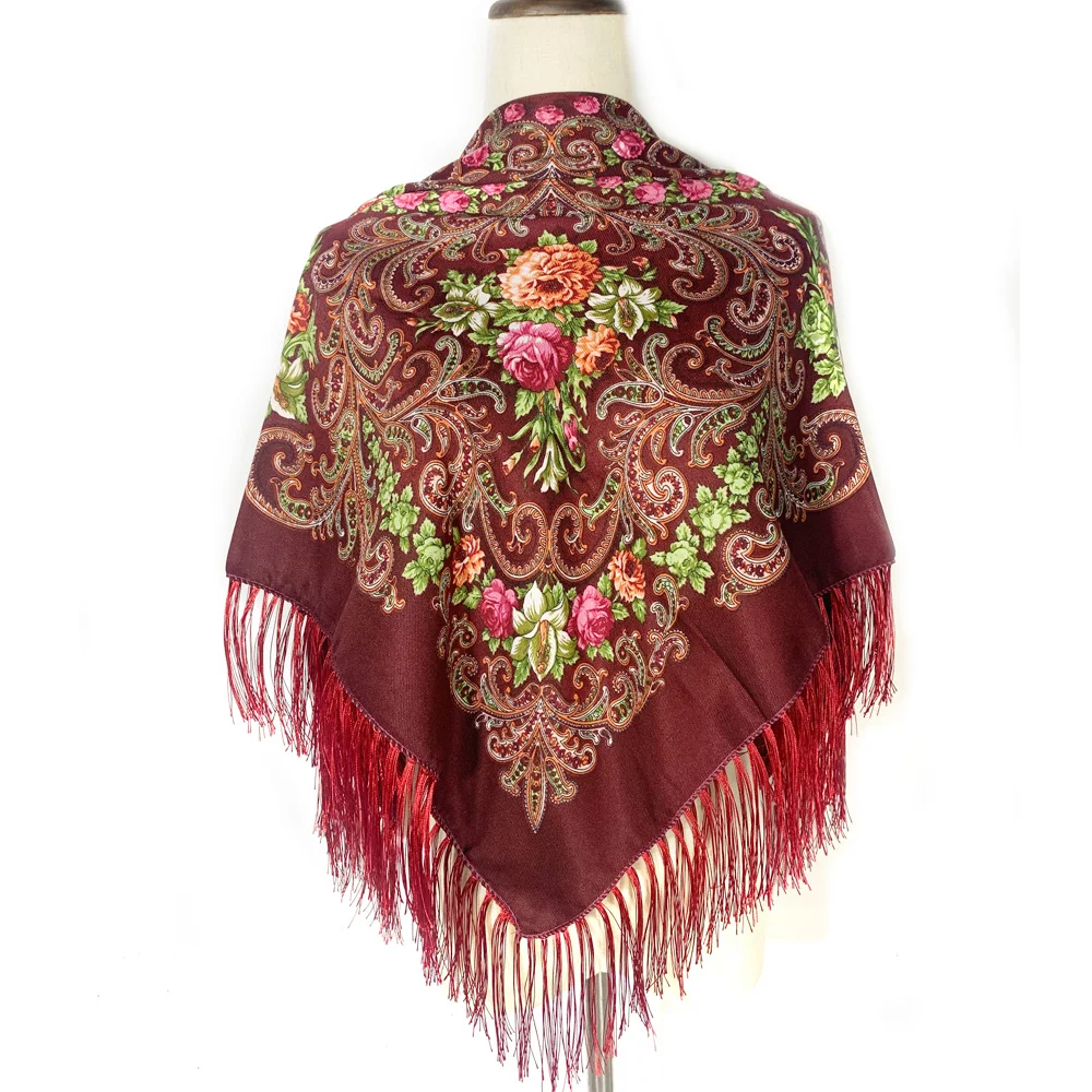 Russian Style Floral Print Square Scarf Women Ethnic Fringed Bandana Shawl Babushka Handkerchief Female Blanket Head Wraps