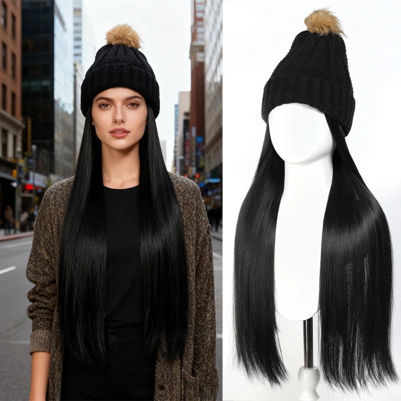 

Парик-шляпа, цельный черный вязаный берет, длинные прямые синтетические волосы, полный головной убор, парик-шляпа