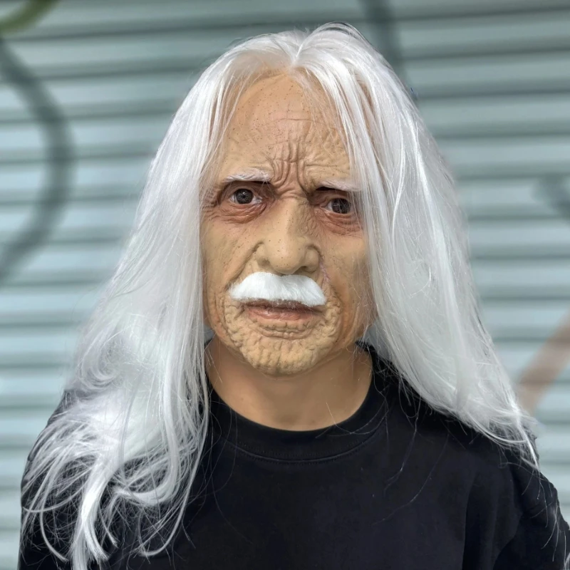 carnival Latex Mask Realistic Old Man Long White Hair & Mustache Full Head Cosplay Helmet for Halloween Costume Party Props