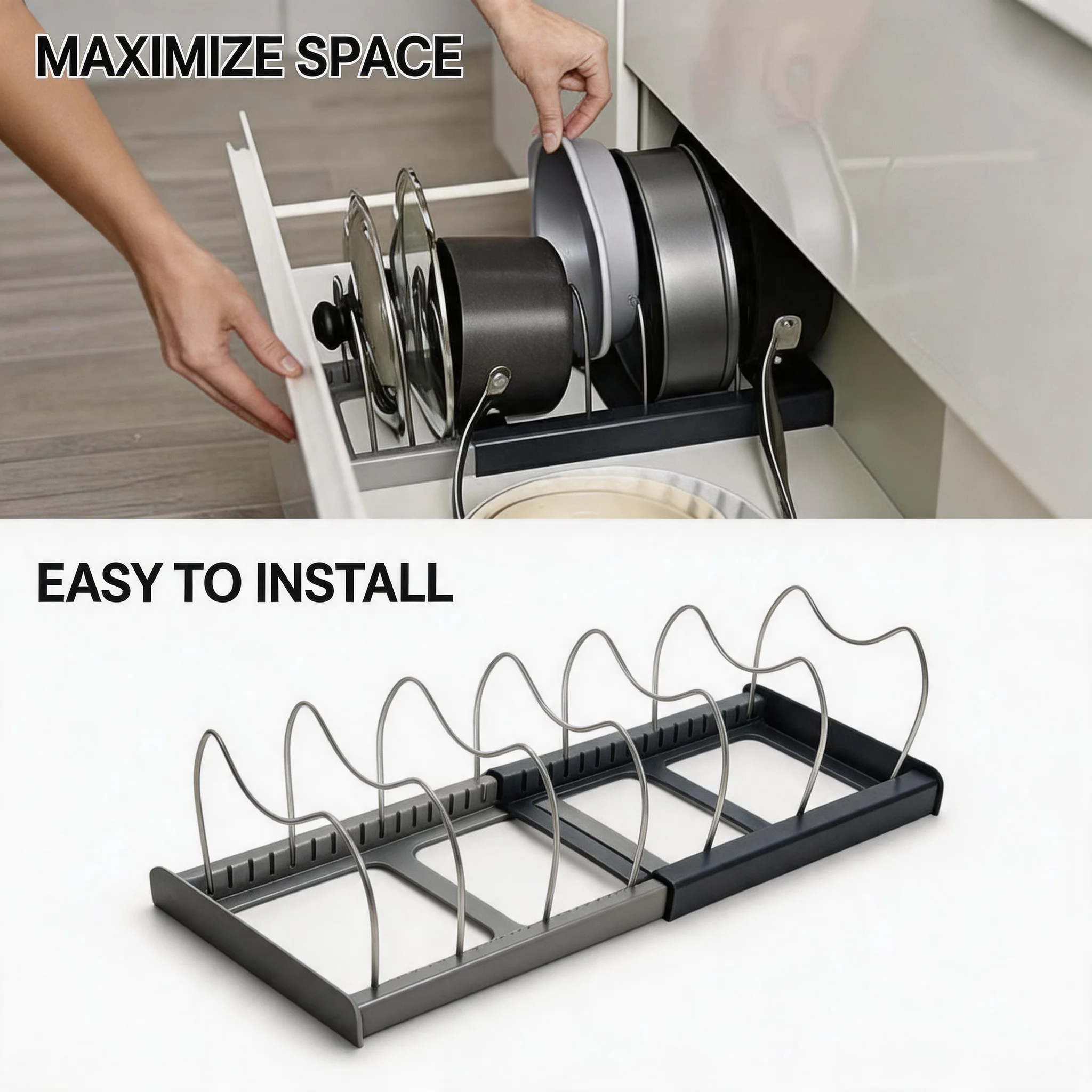Durable Expanding Stainless Steel Storage Rack Kitchen Cabinet for Pan Pot Lid Cutting Board Drying Cookware Dish Rack Organizer