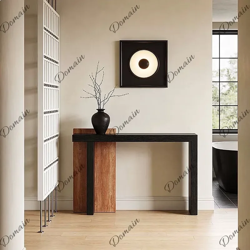 SF Wabi-Sabi Solid Wood Natural Travertine Entryway Console Table Narrow Long Table for Hallway Living Room Creative Decor