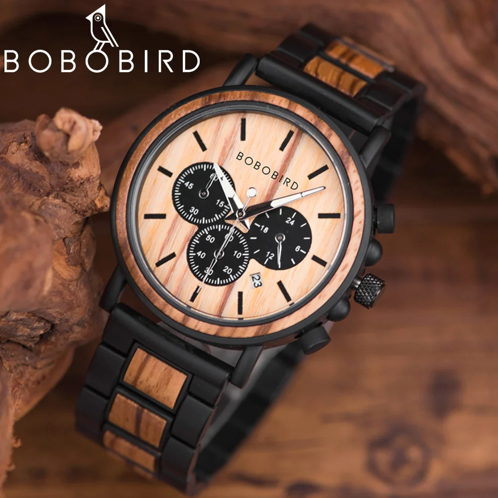 BOBO BIRD Wooden Watch Men Watches Timepieces Personality Creative Quartz Wristwatch 3-eye Men\'s Functional Watch Dropshipping