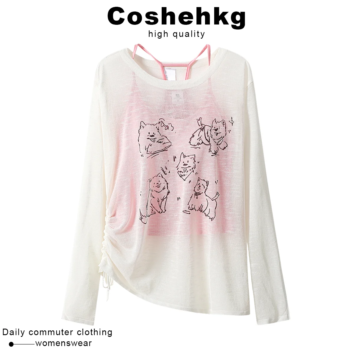 

Coshehkg Sweet Fun Print Long Sleeve Women's T-Shirt Summer New Style Dopaamine Camisole Set Inner Wear Casual Fashion Set