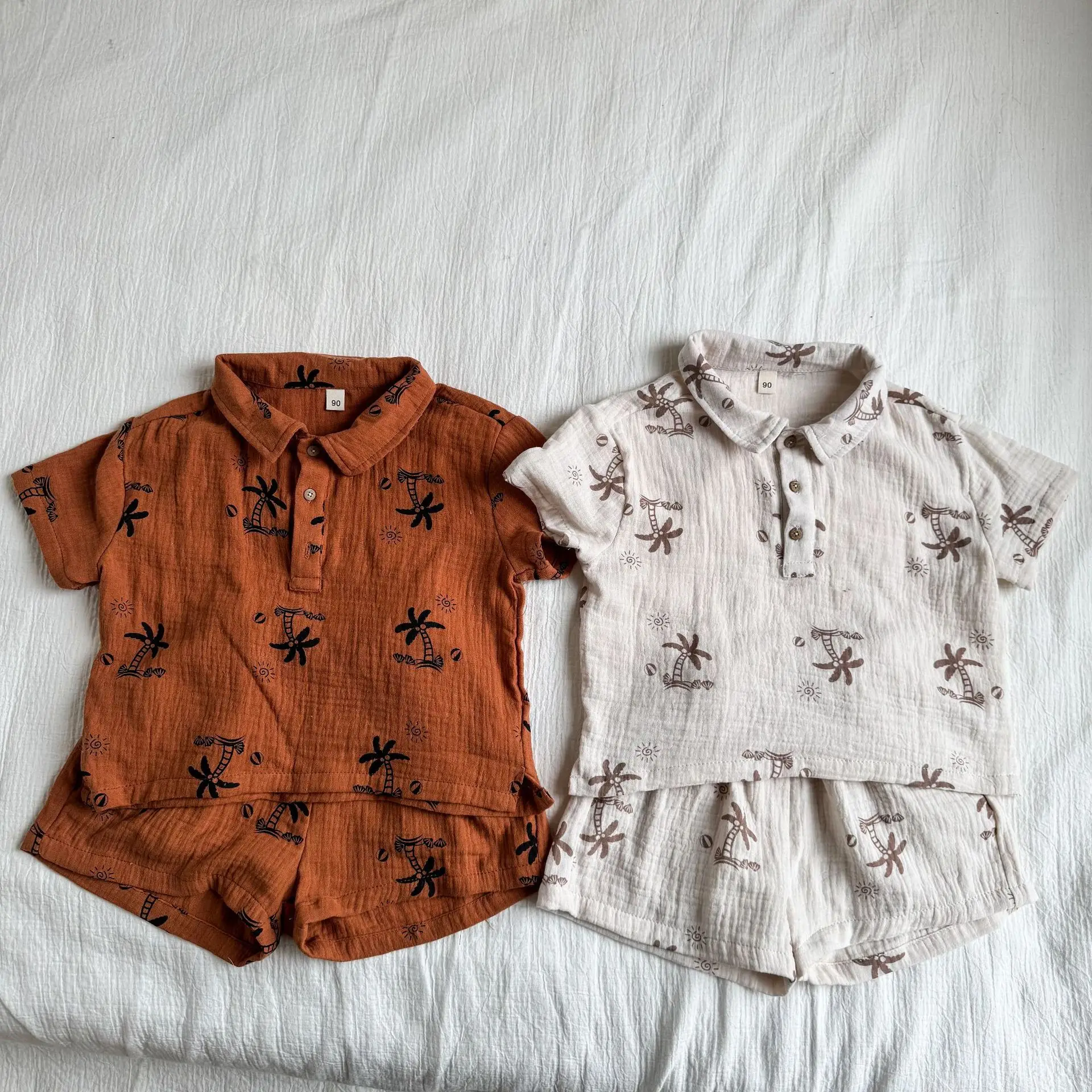 Kids Boys Summer Outfits Palm Tree Print Button Up Short Sleeves T-Shirt and Elastic Shorts Set for 2 Piece Clothes Set