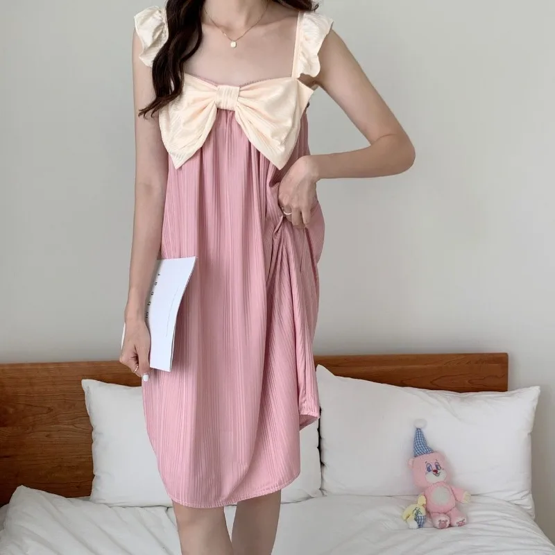 Women Pajamas Dress Sexy Suspender Bow Green Nightdress Sleeveless Student Home Long Dress Romantic Women Nightwear Large Size