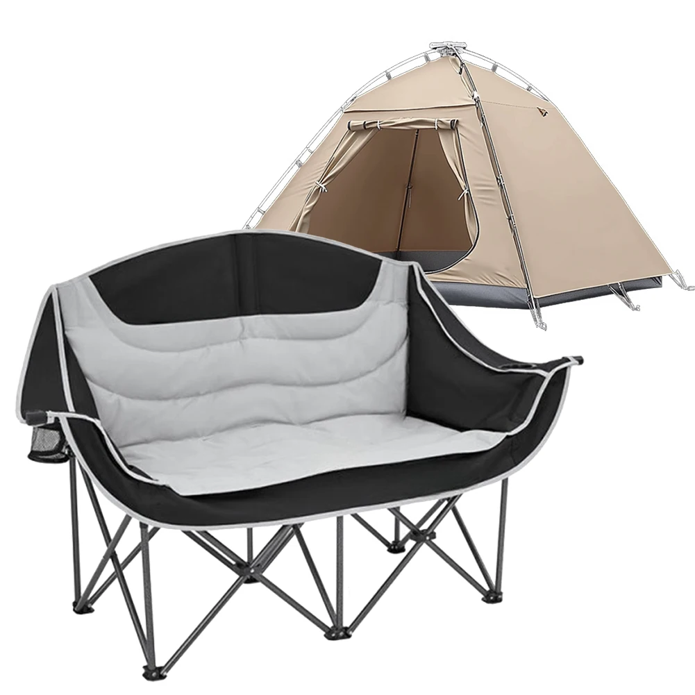 

Double Camping Chair Folding Loveseat Chair Support 600lbs Portable Camping Bench Padded Lawn Chairs for Outdoor Picnic Beach