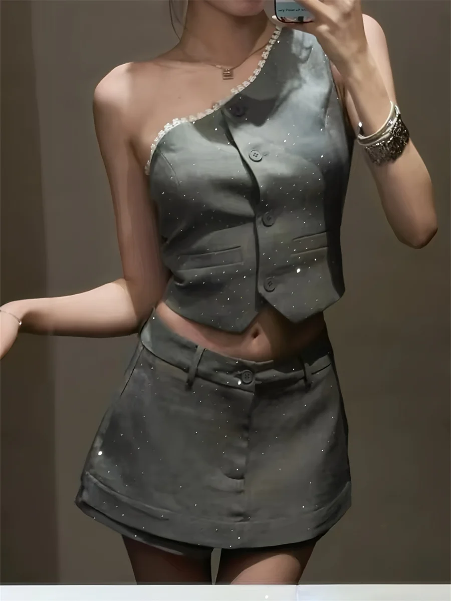 

Korean Style High Waist Short Skirt Suit Women's Summer Hot Girl Outfit Heavy Embellished Shoulder Vest Zipper Element Casual...
