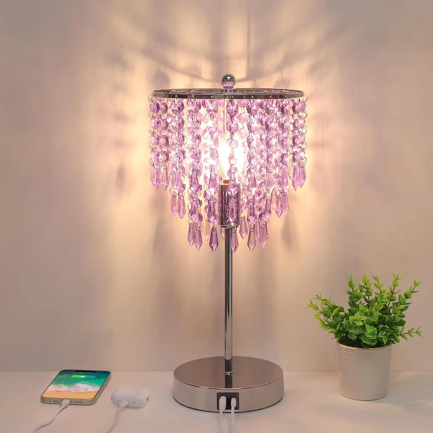 

3-Way Dimmable Touch Crystal Lamp with Dual USB Charging Ports, Lavender Decorative Accent for Bedroom and Office