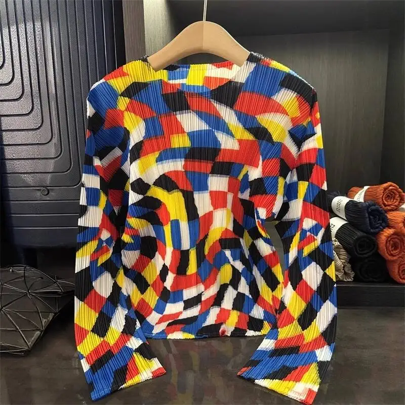 Geometric Print Niche Round Neck Pleated Women's T-Shirt Autumn New Casual Elastic Batwing Sleeve Pullover Top 2JVRC
