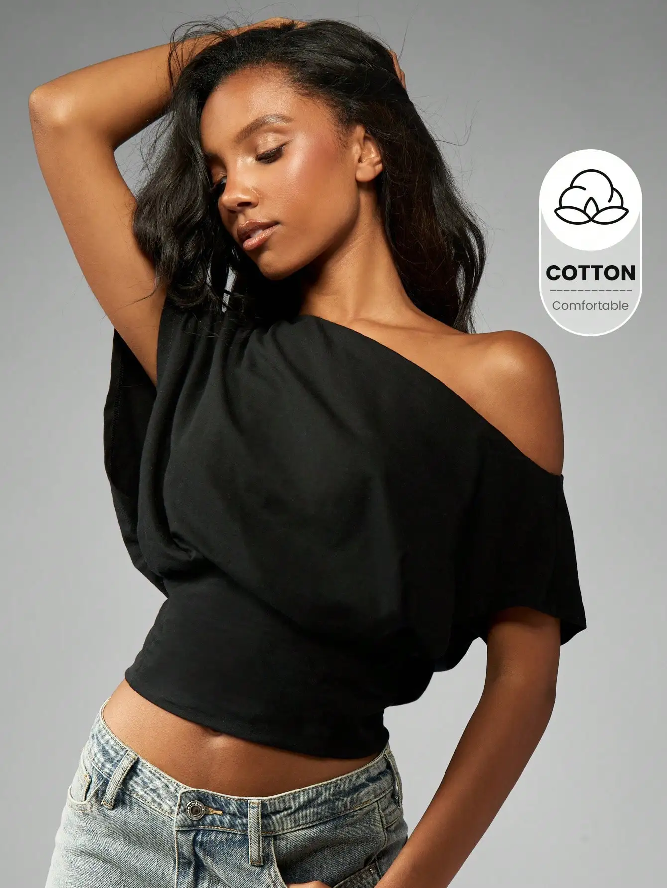 

Black Off Shoulder Crop Top with Dolman Sleeves, Cotton Comfortable for Summer Beach or Casual Wear