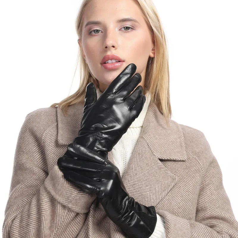 Sales Ladies Autumn and Winter Warm Outdoor Gloves Goat Leather Business Casual Black Fleece Thickened Gloves