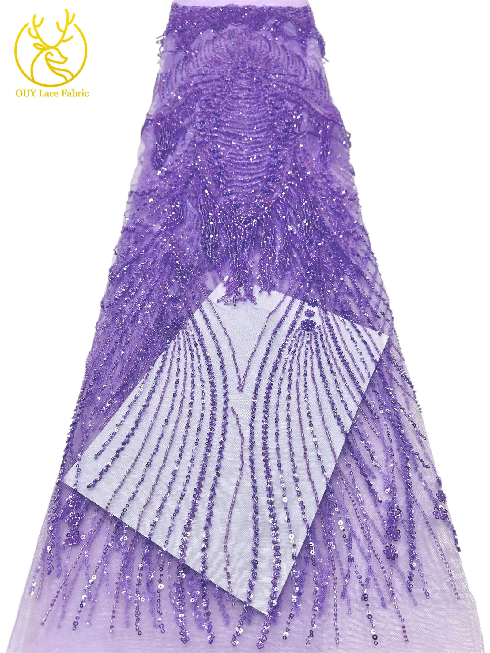 Grüner neuer Design-Tüllstoff mit afrikanischen 3D-Perlen, hochwertiger französischer Pailletten-Tüllstoff für Hochzeitskleider zum Nähen – Detail 13