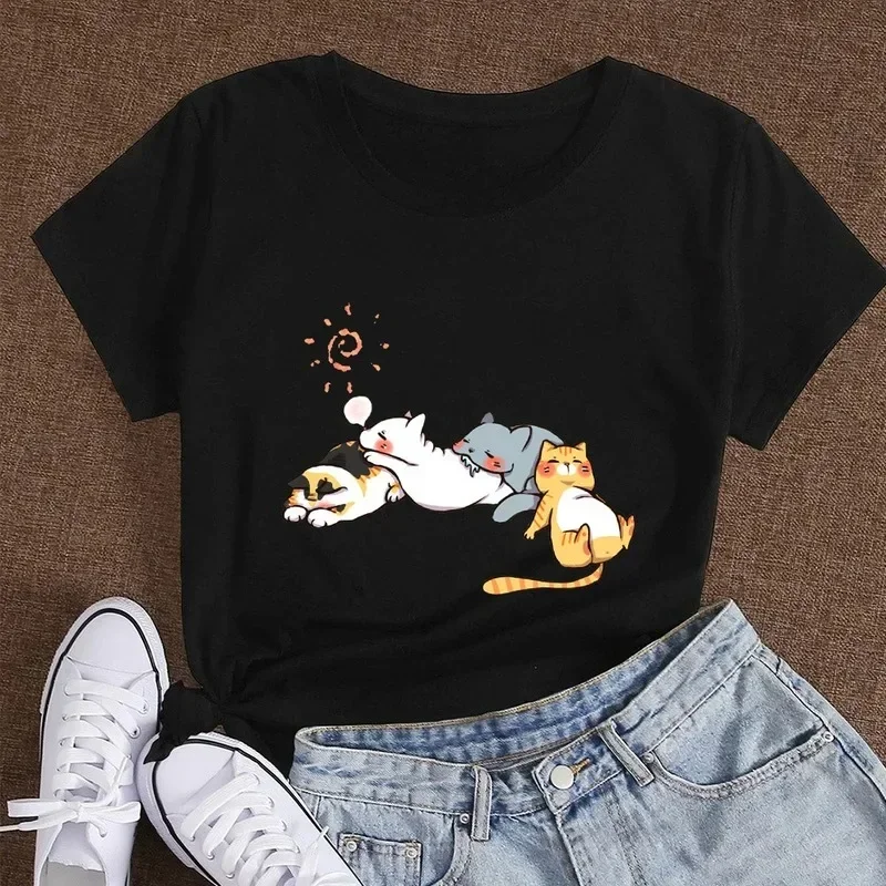 Nap Cat Print Fashion Kawaii Female Clothes for Girls and Women's Tees Summer Short Sleeve Casual O-Neck Tshirt Ladies Tee Tops