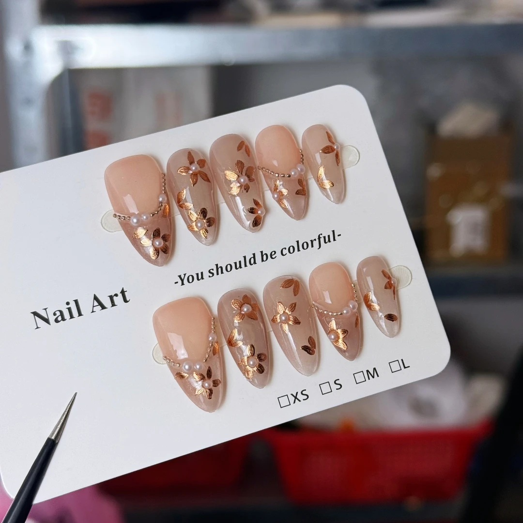 10pcs High-end Fashionable and elegant style, hand-painted flower patterns, with small pearls handmade fake nails