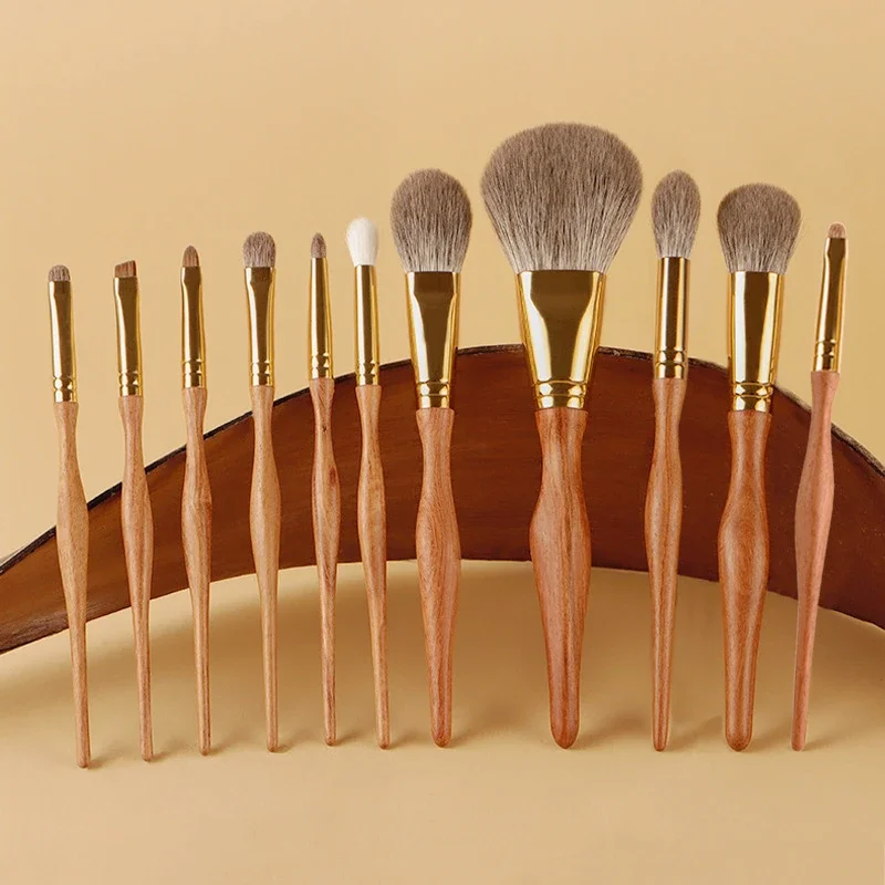 Luxurious Rosewood Fox Hair Makeup Brush Set 11pcs Gold Thickened Ferrule Cosmetic Brushes Kit