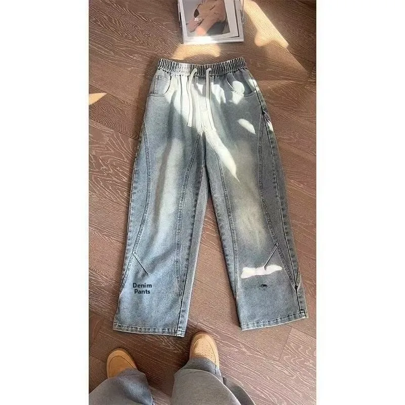 

Ковбойские джинсы в американском стиле ретро, мужские модные свободные прямые брюки с эластичной резинкой на талии, молодежные брюки из смеси хлопка и полиэстера