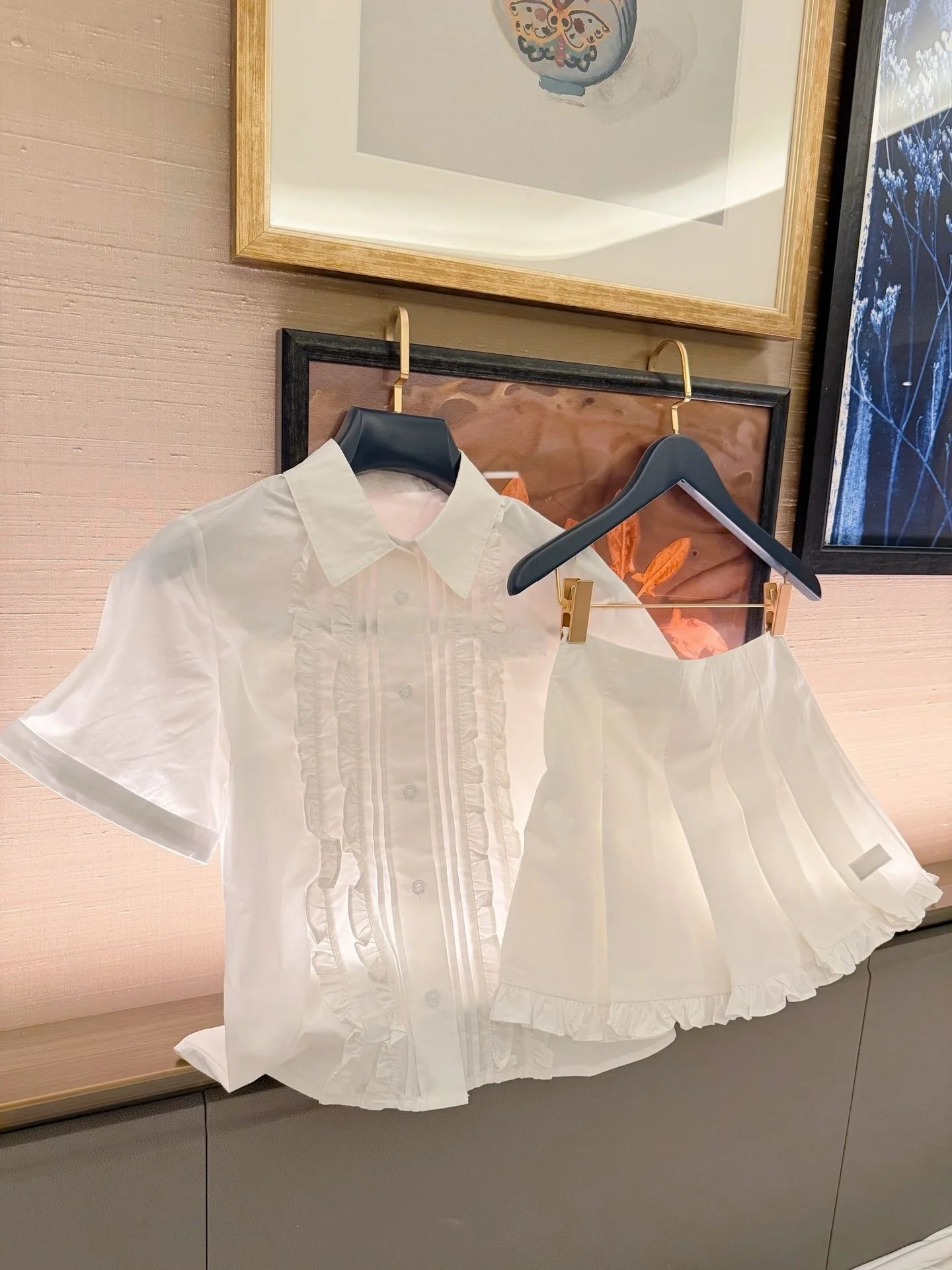 Summer New Wood Grain  Short Sleeve Shirt Pleated Skirt Set Women Anti Aging Girl Style Two Piece Set Fashionable Casual ...