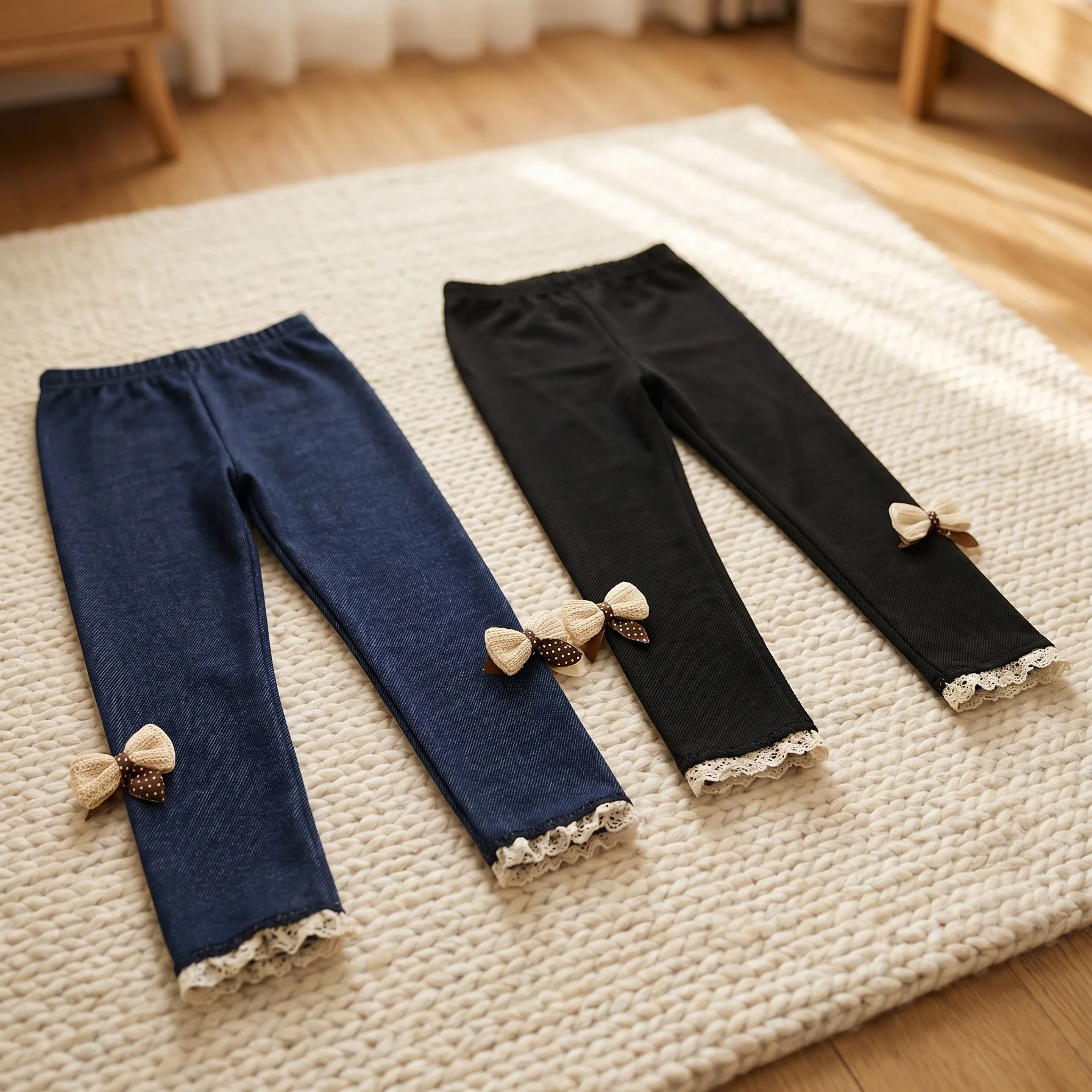 Girls Lined Leggings Imitation Denim Fleece Cute Bow Stretchy Long Pants Kids Autumn Casual Trousers