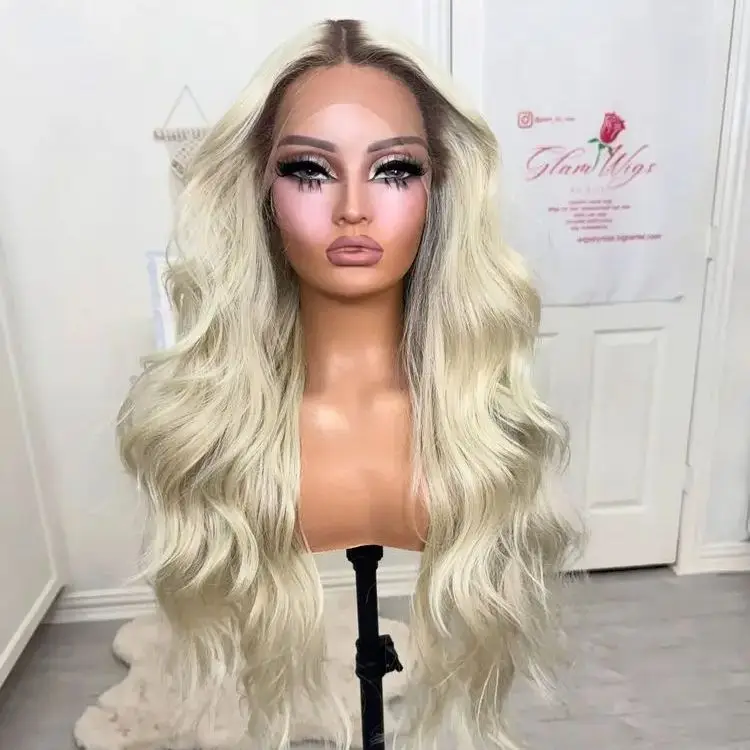

Light Blonde Long Length Synthetic Lace Top Wigs Ombre Middle Parting Mix Color Glueless Wigs Daily Party Wigs Costume Woman