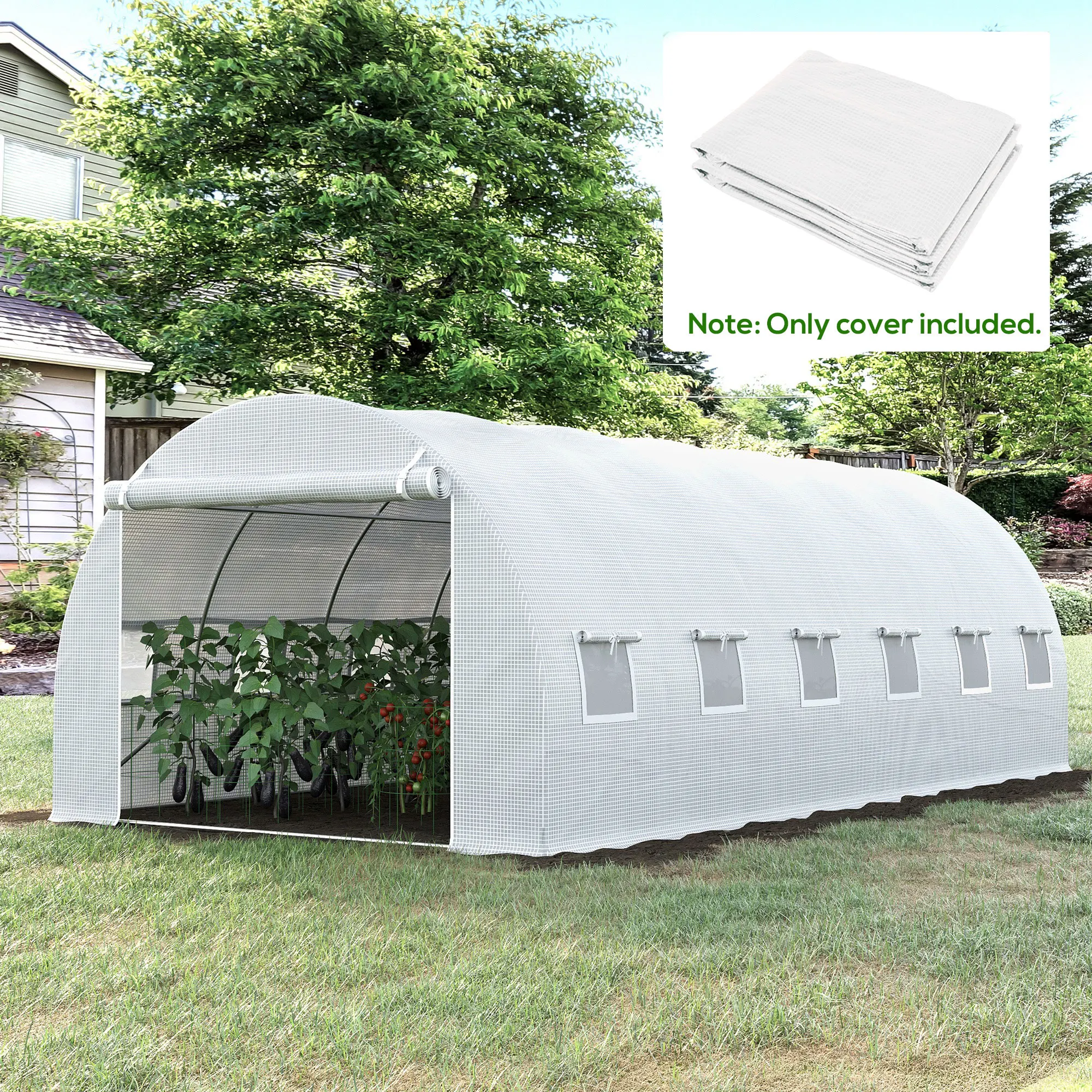 19.7x9.8x6.6ft Greenhouse Cover Replacement, Heavy Duty Waterproof Tarp for Hoop House, 12 Windows, Door & Reinforcement Grid