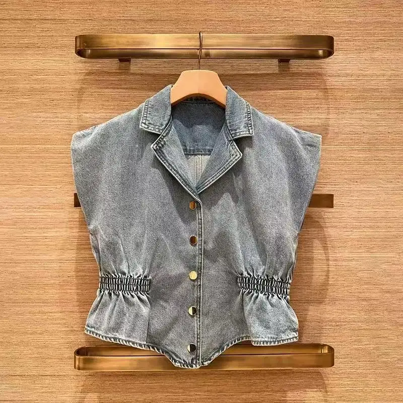 

Spring Early Denim Waist-Cinching Jacket Metal Button Shoulder Padless Vest Sleeveless Collar Commute Style Women's Shirt