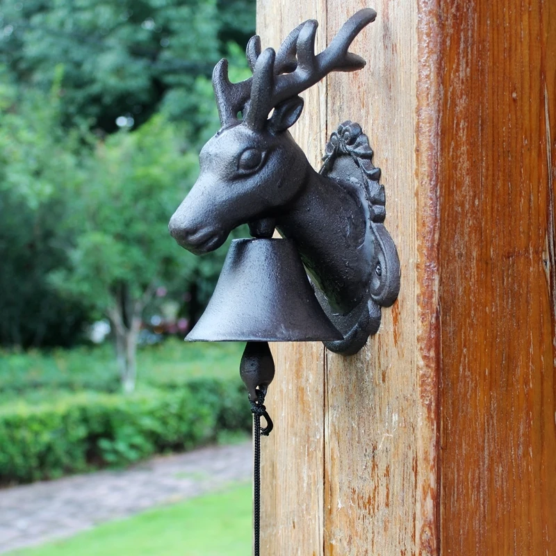 

European Style Garden Door Bell Cast Iron Deer Antlers Craft Ornaments Iron Do Old Gardening Decor Courtyard Hand Cranked Bell