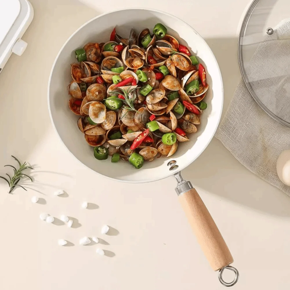 

20/24cm Frying Pan Wok Non Stick with Lid Saucepan Sauce Pot Wooden Handle Uncoated Ceramic Cooking Pot Gas Induction Cooker