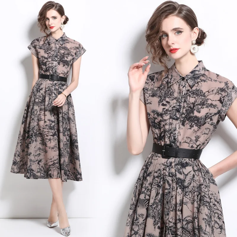 Sommer 2025, Kragen, bedruckt, ort Sve Dr, hohe Taille, A-Linie, Street Sle Thi, Stoff, Paar Dr