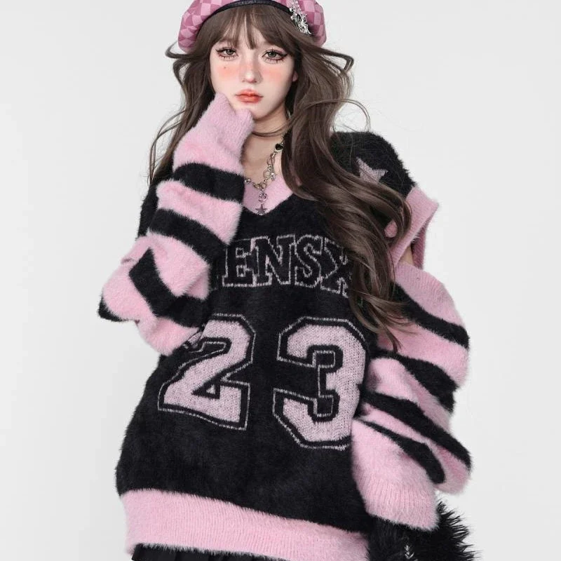 New Black Sweater Women 2023 Fall and Winter College Style Sports Pullover Fashion Long-sleeved Sweet Harajuku Top Y2k Clothes