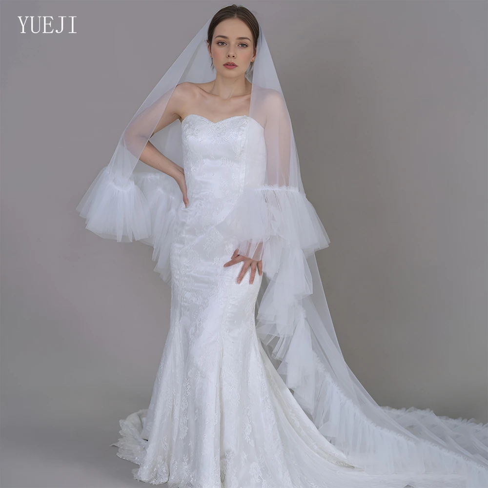 YUEJI Hot Sale Bride Blusher Double Layer Wedding Veil Fashion Pleated Mesh Edge Simple Solid Color Cathedral Trailing Veil V117