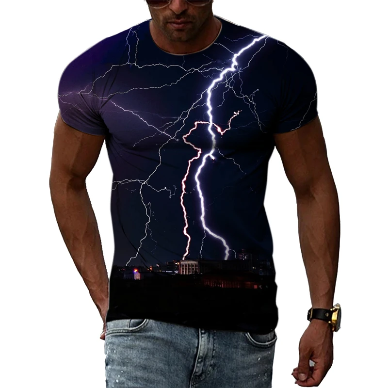 Summer Natural Landscape Thunderstorm Lightning Pattern T-Shirt Men's Printed Casual Short Sleeve Muscle Tough Guy O Neck Top