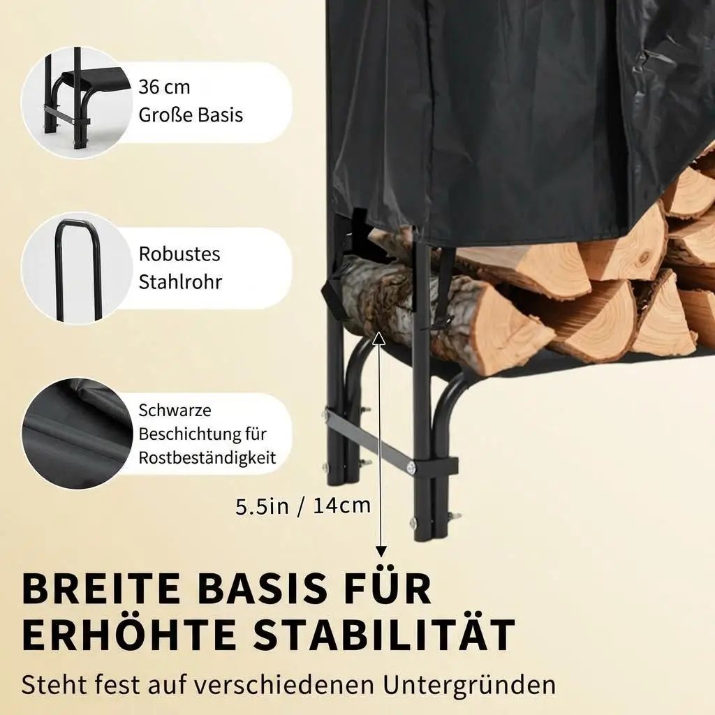 Heavy Duty Steel Firewood Rack with Waterproof Zippered Cover - Outdoor & Indoor Log Holder - Durable Wood Storage for Patio, Deck, Backyard, Fireplace - Black Oxford Fabric