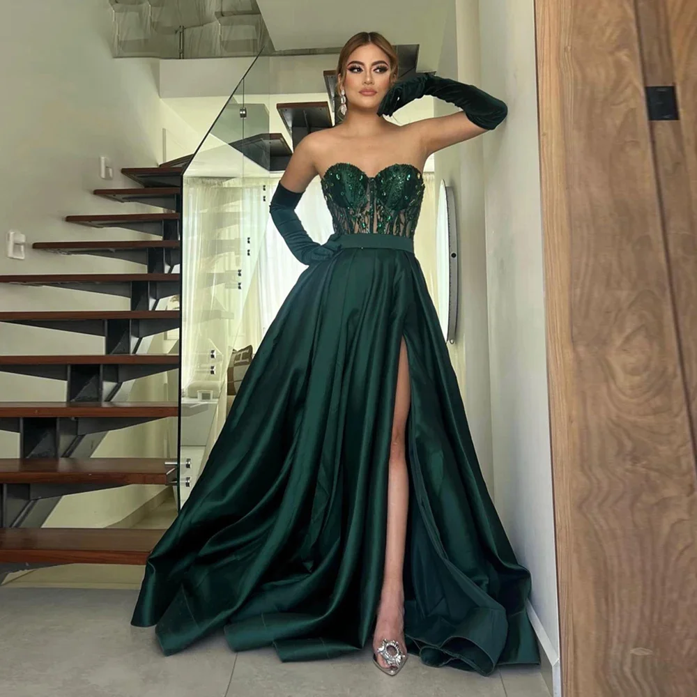 

Lily Dark Green Evening Gown Stain Side Split Elegant Prom Dress Shiny Beading Sweetheart Wedding Evening Dress robes de soirée