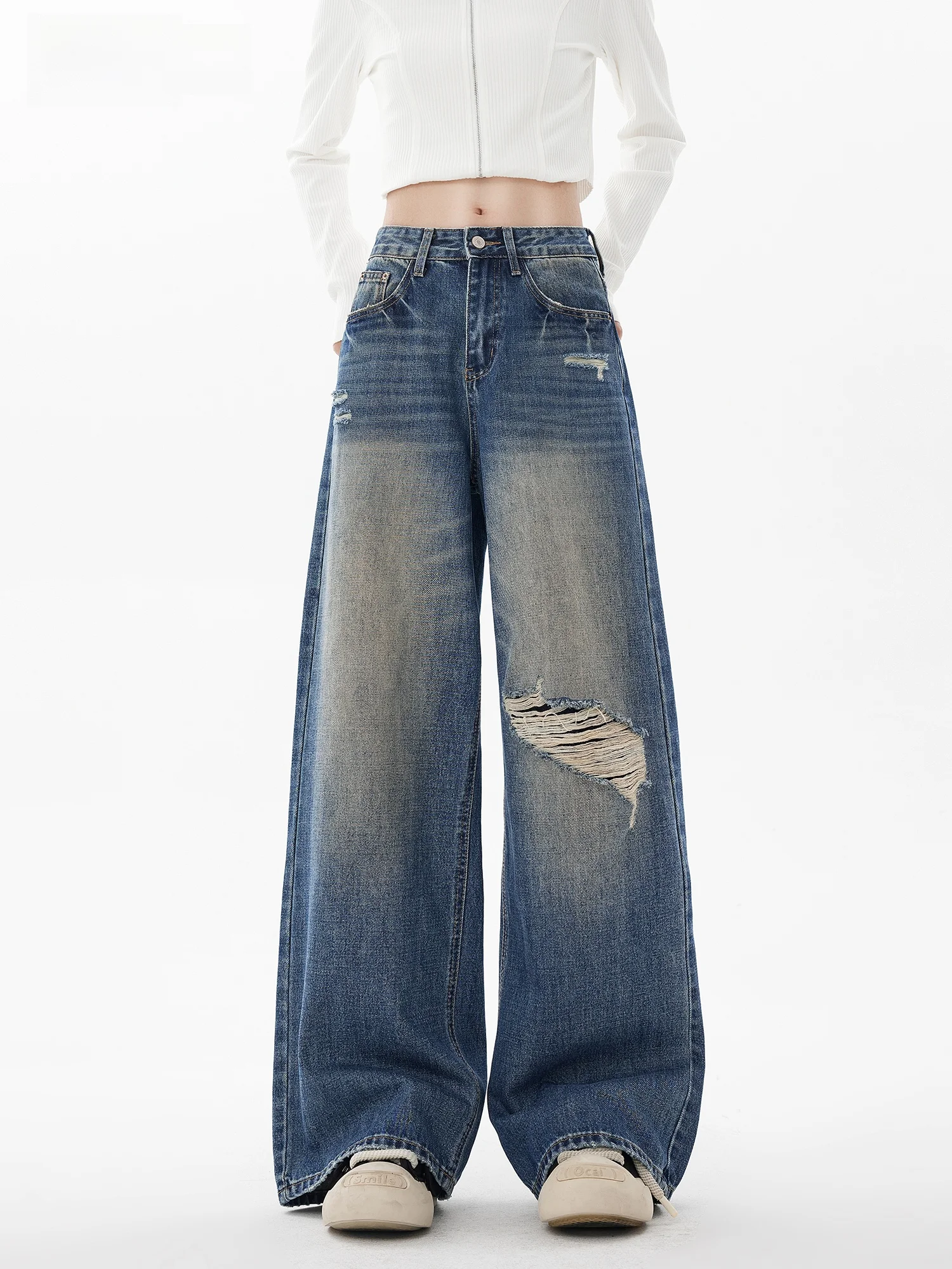 

Loose Wide Leg Distred Straight Denim Jeans Women's Retro Sle Good Wa Blue Frayed Patchwork Floor-Length Pants