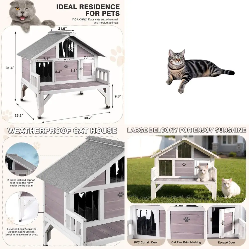 

Large Insulated Wooden Outdoor Cat Shelter with Balcony for Multiple Cats - All-Weather Protection