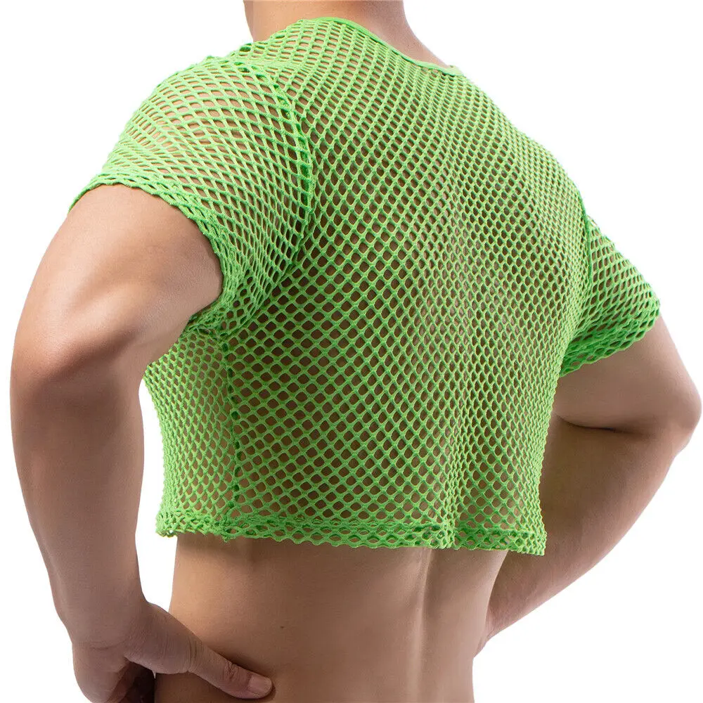 Men Sheer Fishnet Hollow Out Crop Top Sexy Short Sleeve Mesh Breathable Fitness Muscle Undershirts Nightclub T-shirts Streetwear
