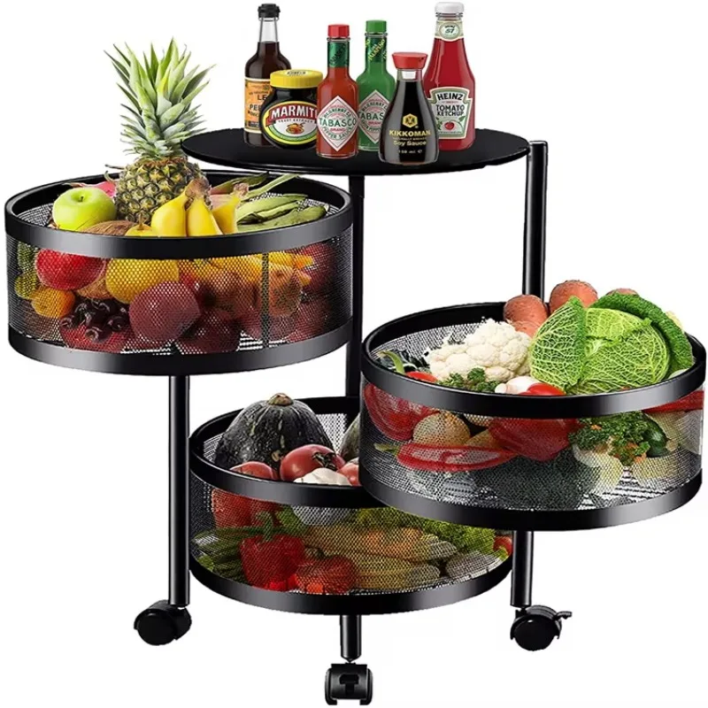 3-Layer rotating storage rack for kitchen fruit metal rotating basket kitchen shelf with wheels