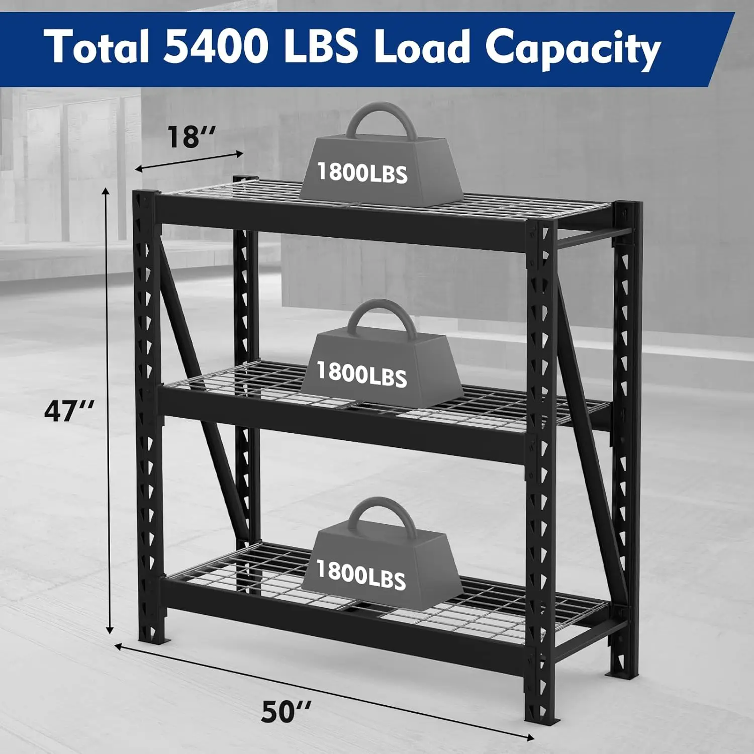 WORKPRO 3-Tier Metal Garage Shelving Unit Heavy Duty Storage Utility Rack 50”W X 18”D X 47”H 5400 LBS Load Capacity Warehouse