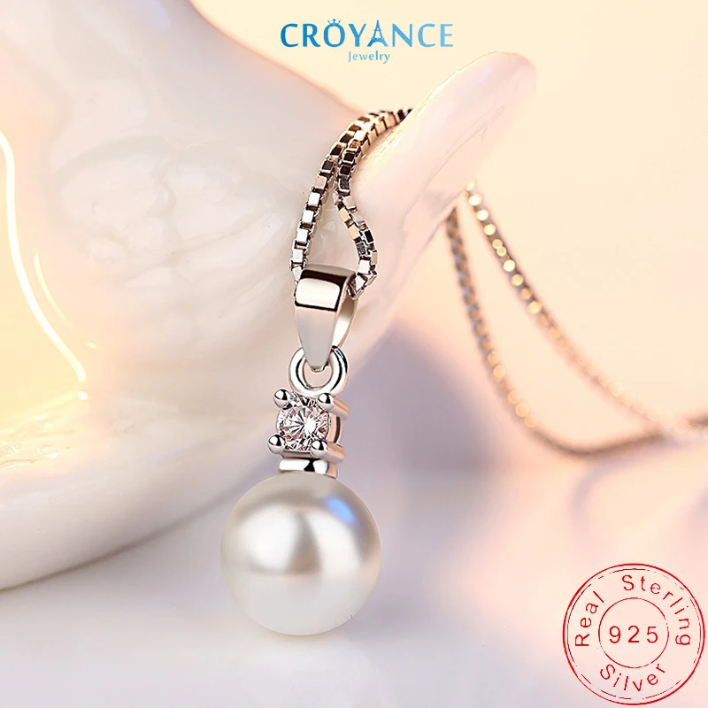 925 Sterling Silver 8mm Freshwater Pearl Zircon Pendant Necklaces for Women Jewelry Anniversary Birthday Gift Adjustable Length