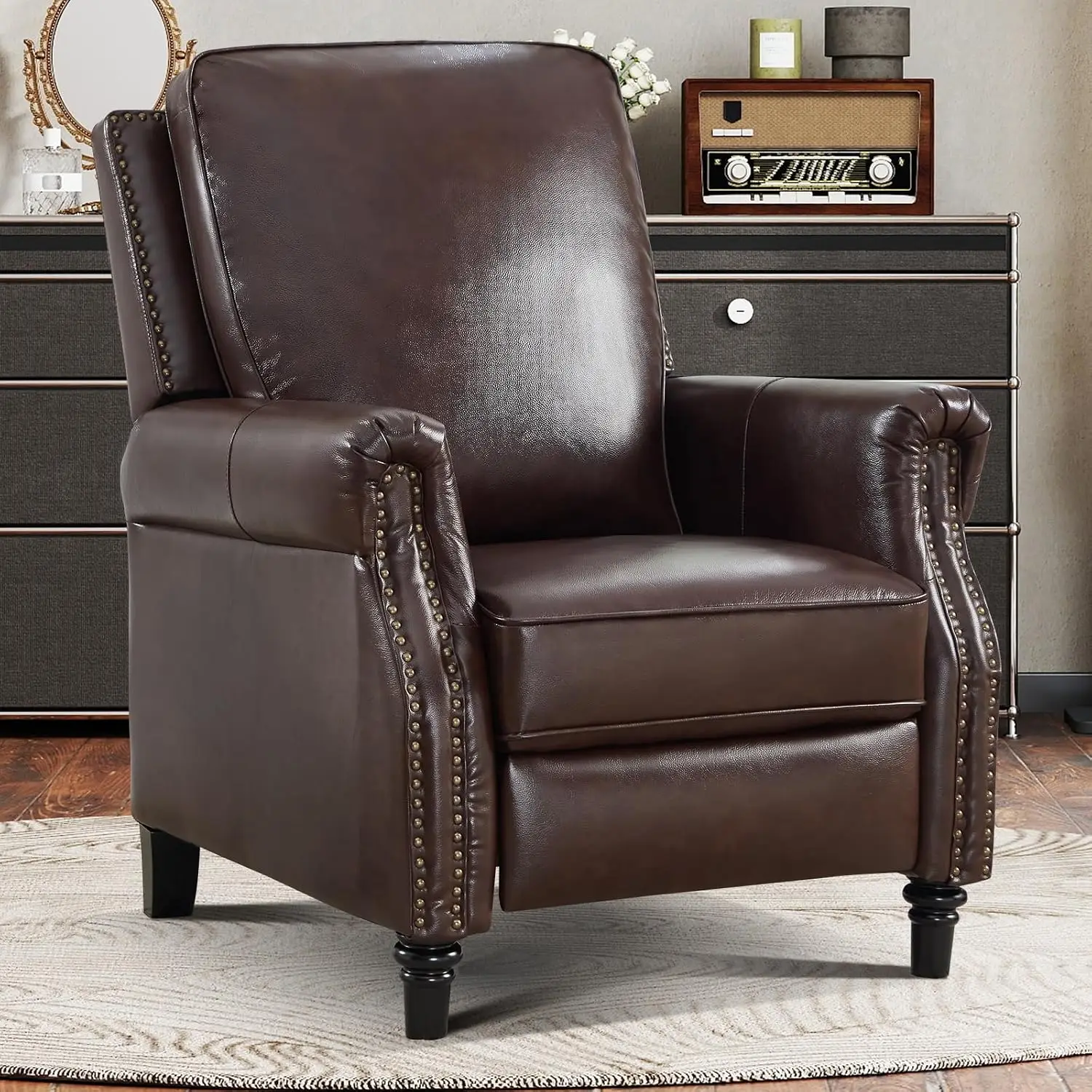 Genuine Leather Push Back Recliner with Padded Seat & Wingback, Rivet Single Sofa for Living Room, Dark Brown, Customized
