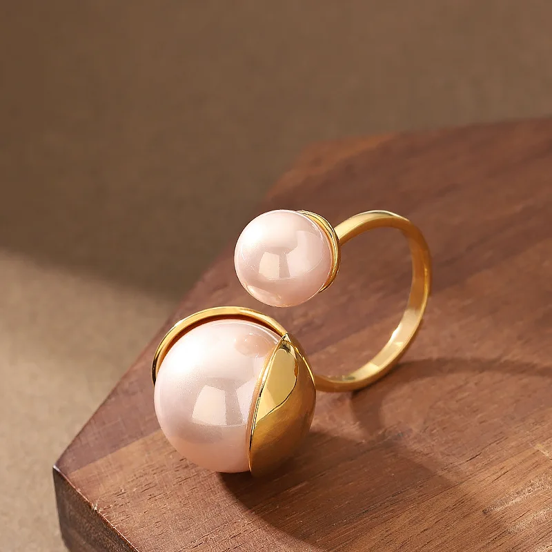 Stylish, exquisite, exaggerated, round, Shijia pearls, adjustable open ring, niche light luxury, high-end girlfriend jewelry