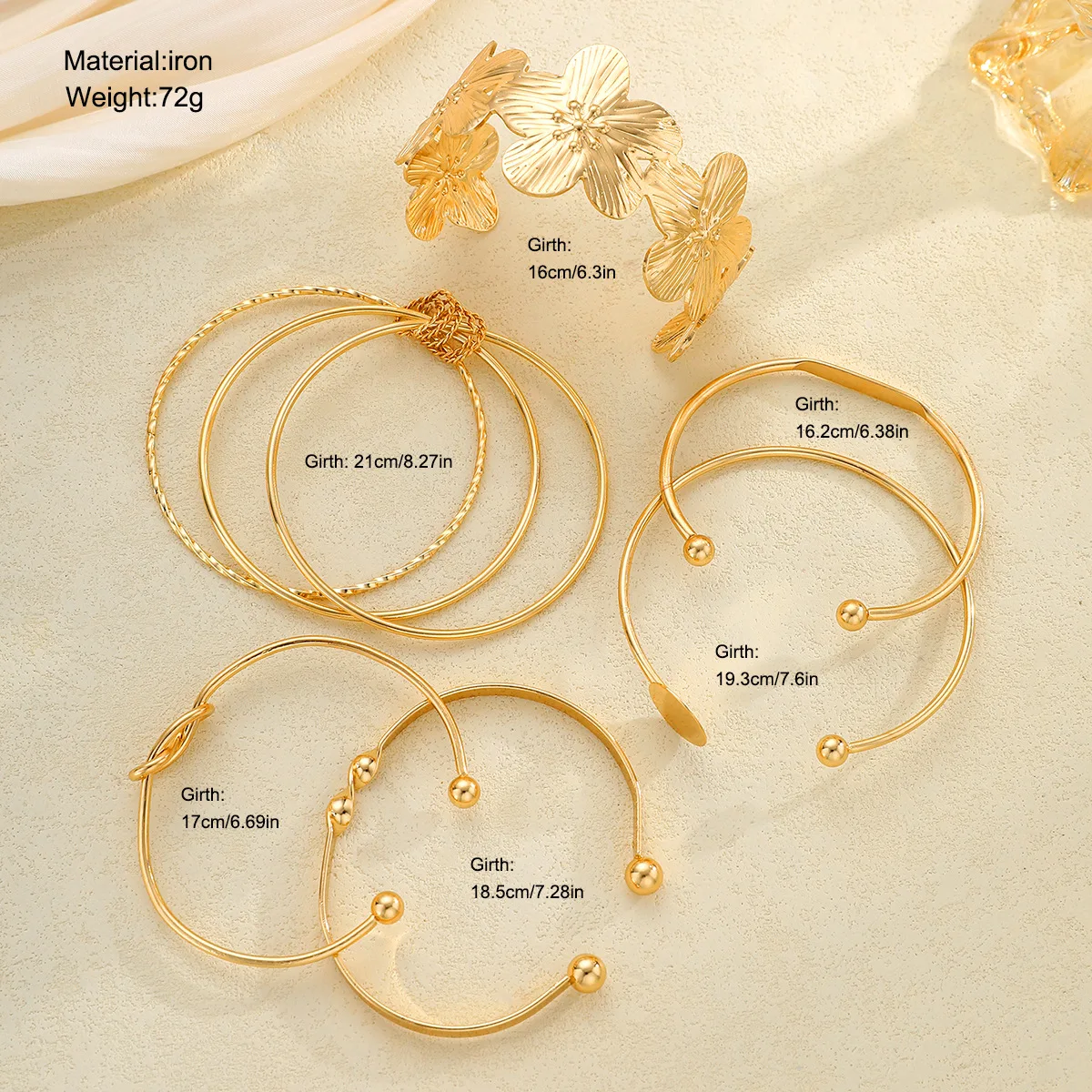 Vintage Gold Knot Flower Bracelet 6-piece Set, Environmentally Friendly Material, Iron Round Stacked Bracelet Set