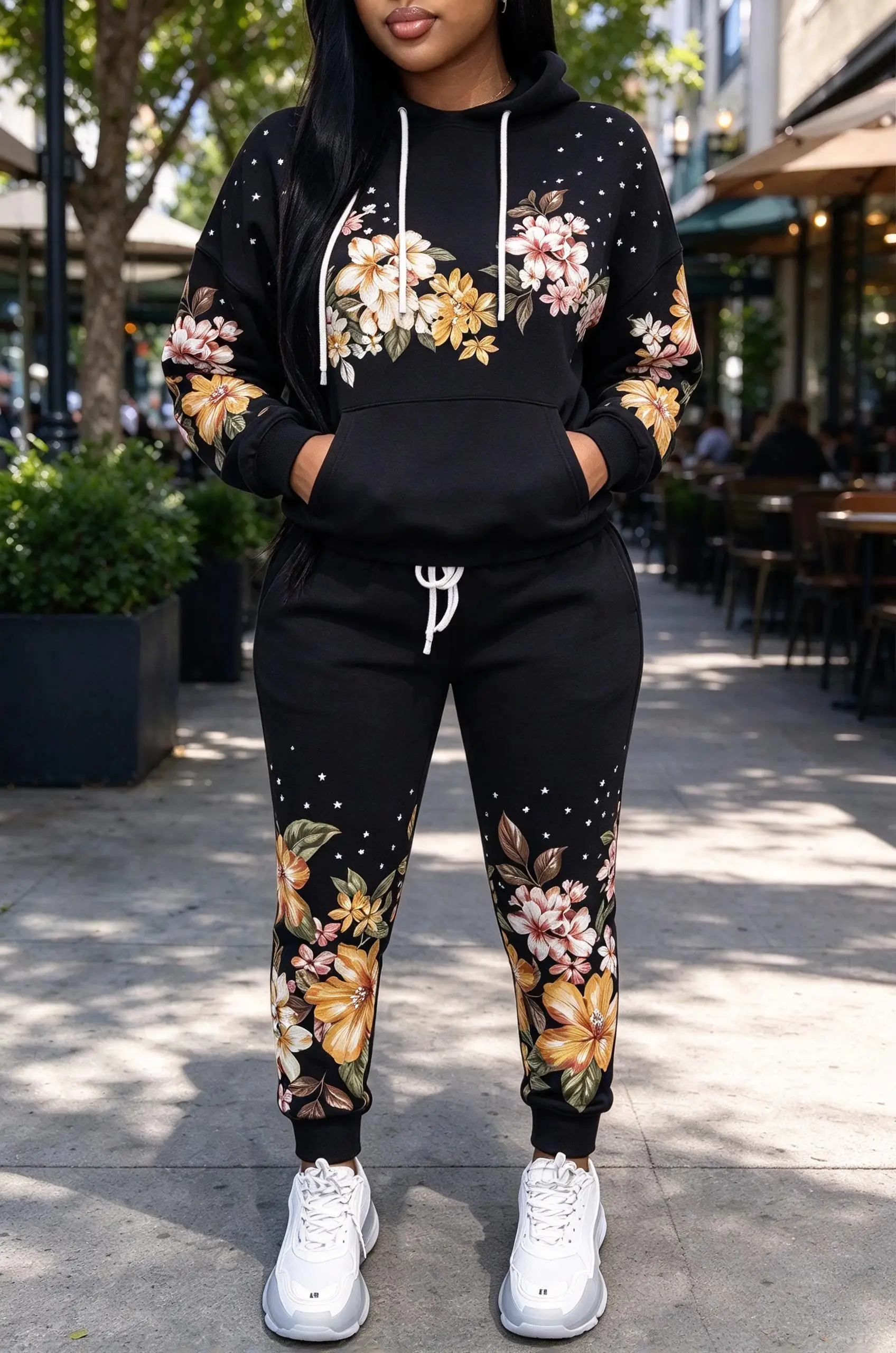 Women's Hooded Tracksuit 2 Piece Set, Vintage Large Floral Print Drawstring Hoodie & Jogger Pants, Casual Streetwear Outfit